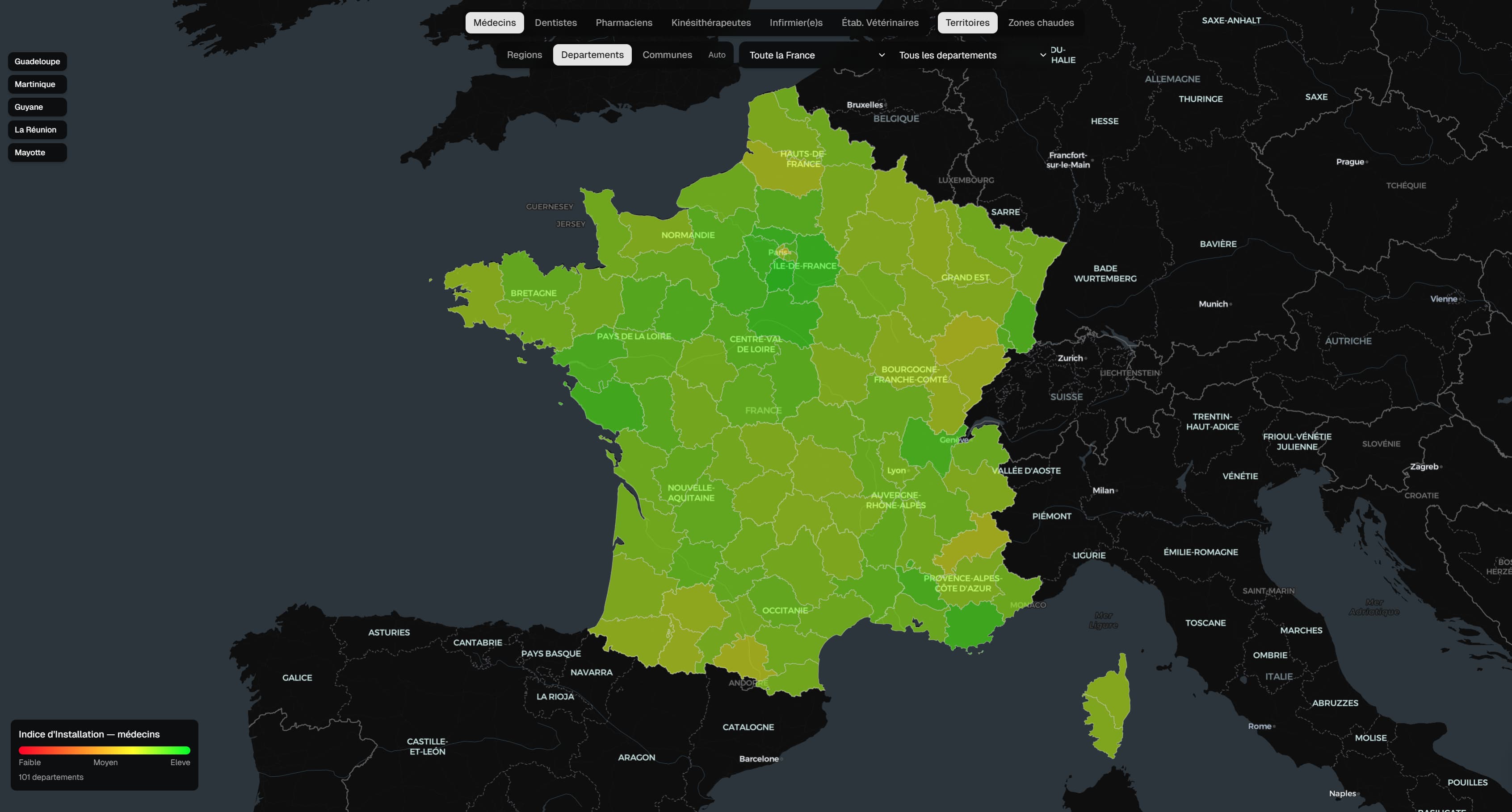 Carte de France montrant l'Indice d'Installation des médecins par département
